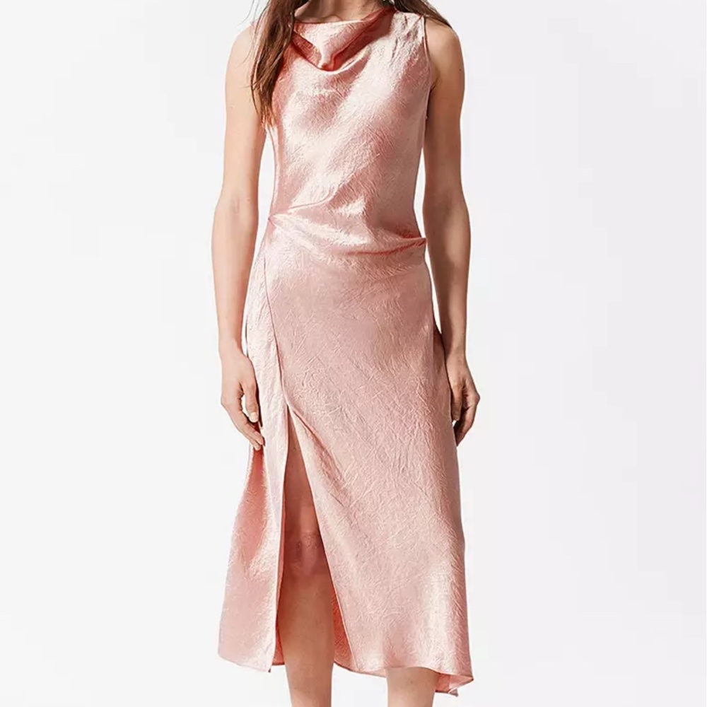 &Other Stories Draped Satin Midi Dress Side Slit Sleeveless Light Pink 0 XXS